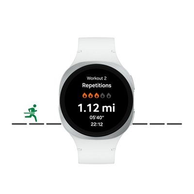 Galaxy Watch showing your workout on the screen, with a jogging icon in the back. 