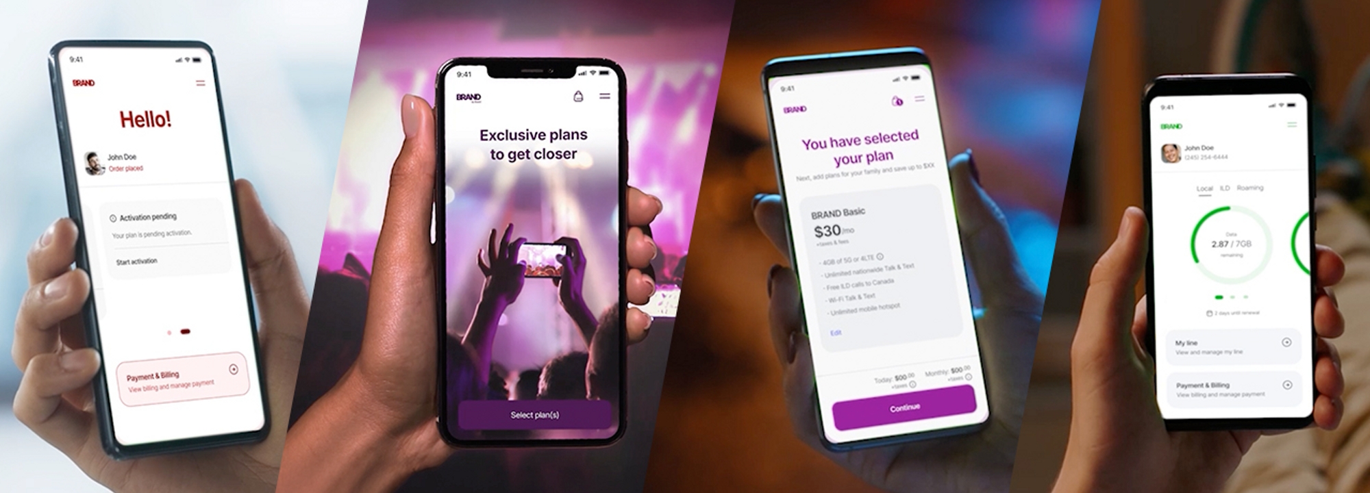 ​​​Four phones display different phases of a mobile app. Each phase displays a series of steps to get a plan.​​ 