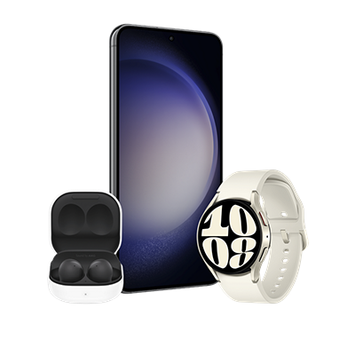 Front view of Samsung Galaxy phone, with a pair of Samsung Galaxy Buds 2, and Samsung Galaxy Watch 6.