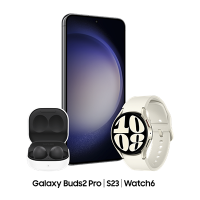 A Samsung phone, Watch 6 and Buds 2.