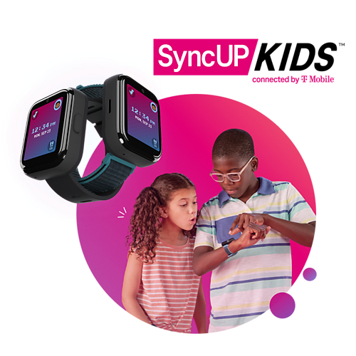 A boy and a girl using the SyncUP Kids Watch.