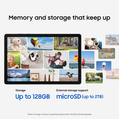 A Galaxy Tab A11+ 5G filled with a collage of bright photos.