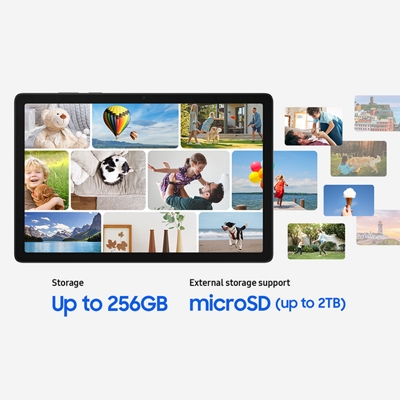 A Galaxy Tab A11+ 5G filled with a collage of bright photos.