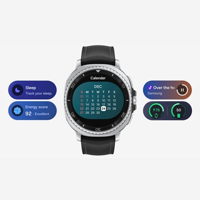 Beauty shot of the Galaxy Watch8 Classic with the calendar on screen and multiple interfaces around to showcase the UX experience.