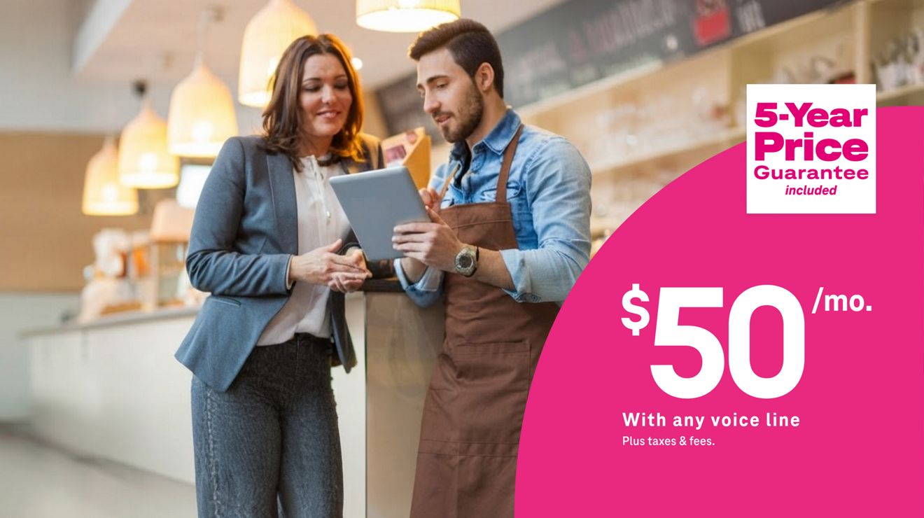A cafe owner and staff review menus on a tablet running 5G Business Internet for $50 per month with voice line, plus taxes and fees, with 5-year price guarantee.