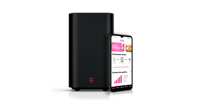 A black T-Mobile 5G gateway and cell phone are set together against a purple background.