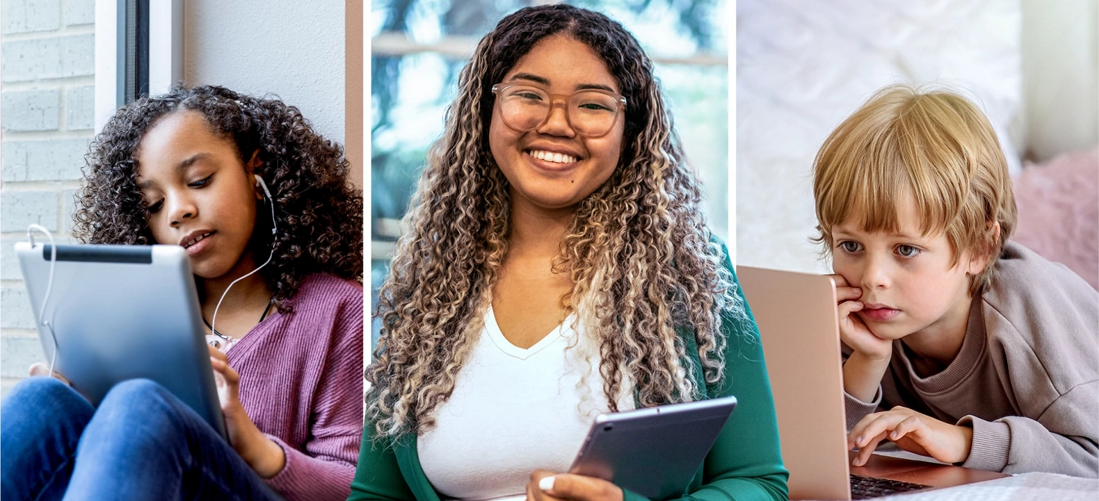 3 imágenes de estudiantes jóvenes usando una tablet o laptop