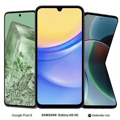A Google Pixel 8, Samsung Galaxy A15 5G, and Motorola Razr phone.