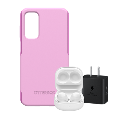 Pink Otterbox case, Samsung earbuds in a white case, and a black charging block.