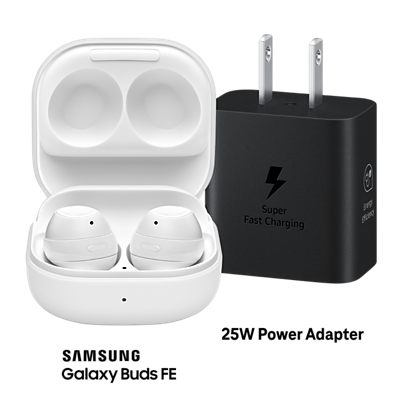 White Samsung earbuds in case and black charging block.