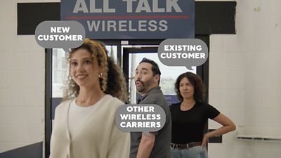 Distracted boyfriend meme. Three people in front of an “All Talk Wireless” sign. Attractive women in foreground is labeled “New Customer.” Man, labeled “Other Wireless Carriers,” stares obviously at attractive woman. Second woman, labeled “Existing Customer,” is staring at man with annoyed look on her face.