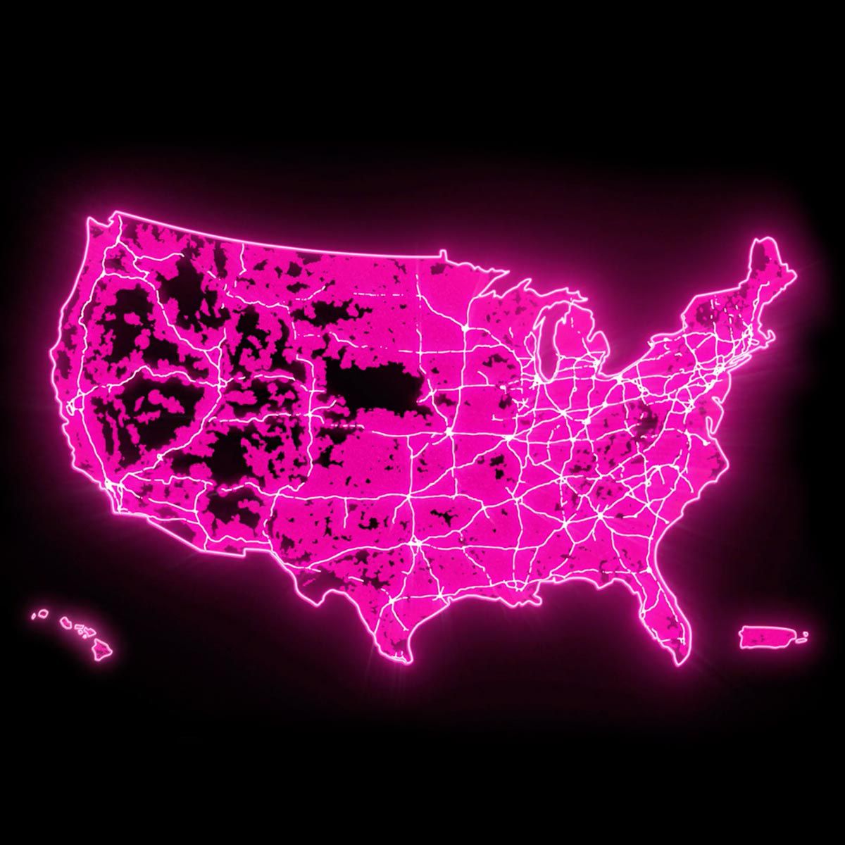 Magenta map of the United States highlighting Interstate Highways.