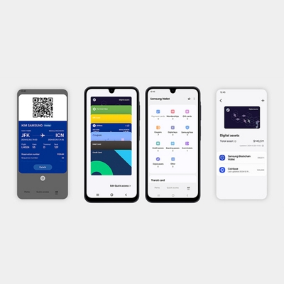 A row of phone screens showing different Samsung Wallet features—like boarding passes, payment cards, app shortcuts, and digital assets—all lined up on a clean white background.