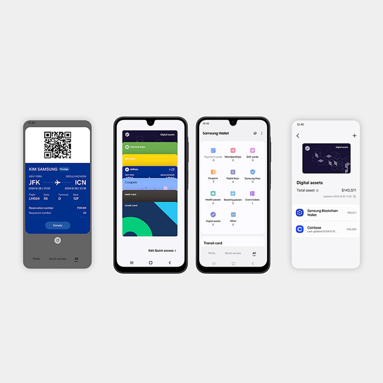 A row of phone screens showing different Samsung Wallet features—like boarding passes, payment cards, app shortcuts, and digital assets—all lined up on a clean white background.