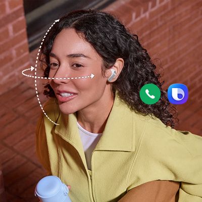 A woman with a water bottle listens on her Samsung Galaxy Buds four earbuds. Floating call and assistant-style icons appear beside her. 
