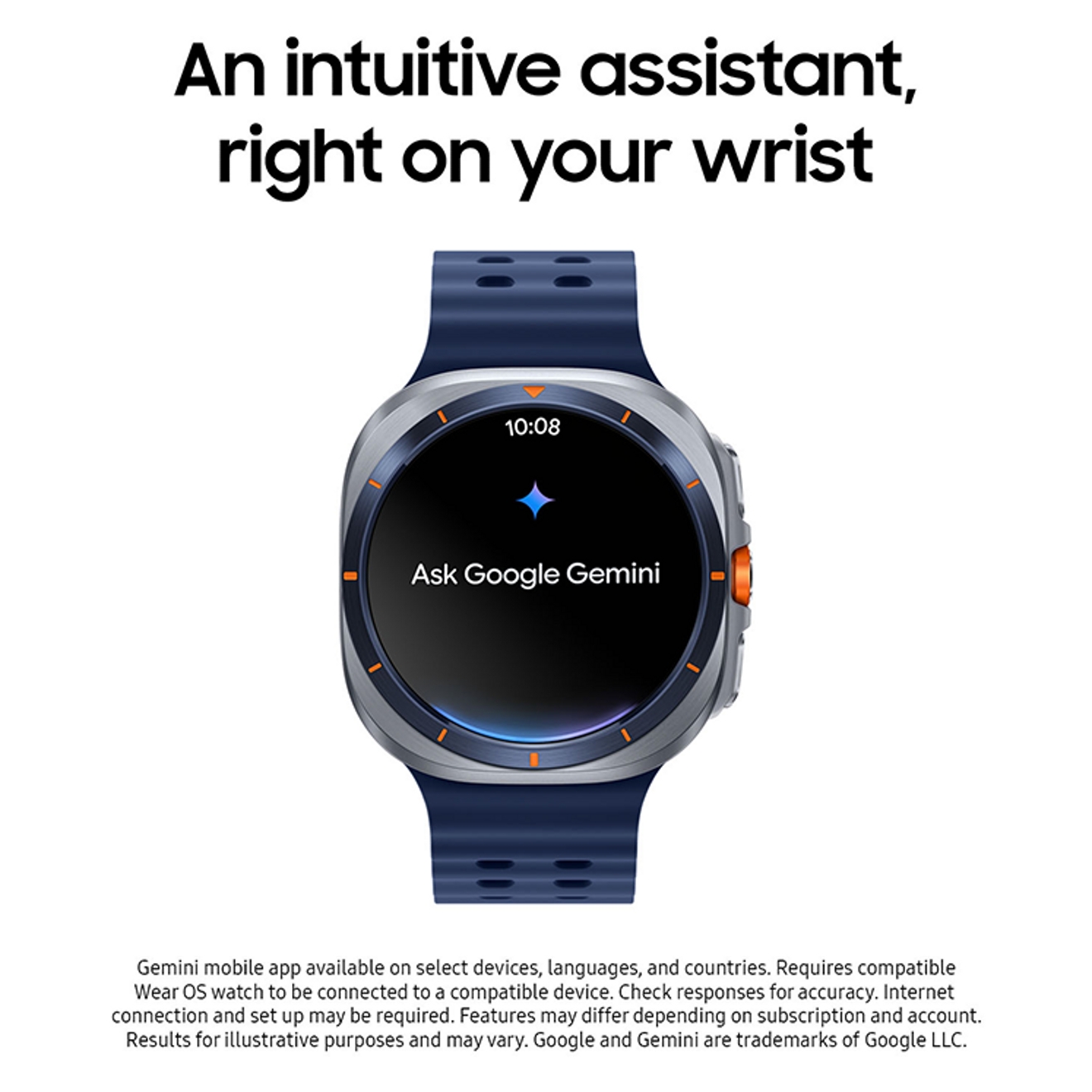 Beauty shot of the watch with Google Gemini on the screen.