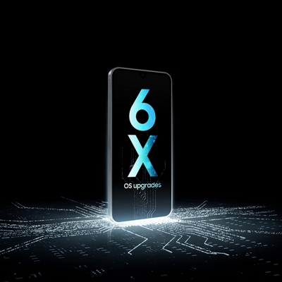 A Galaxy A17 5G, standing on a glowing digital grid, with bold ‘6X OS upgrades’ on its screen to spotlight long‑term software support.
