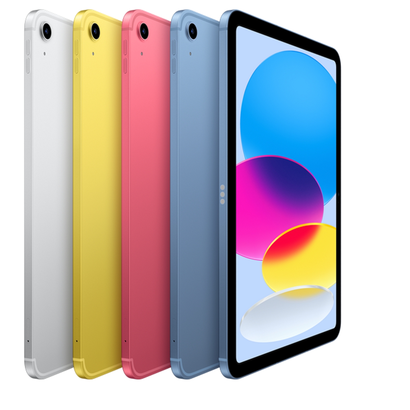 Four iPad 10th gen devices, white, yellow, coral, and light blue in a line.