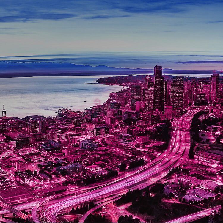 A city outlined and illuminated in magenta