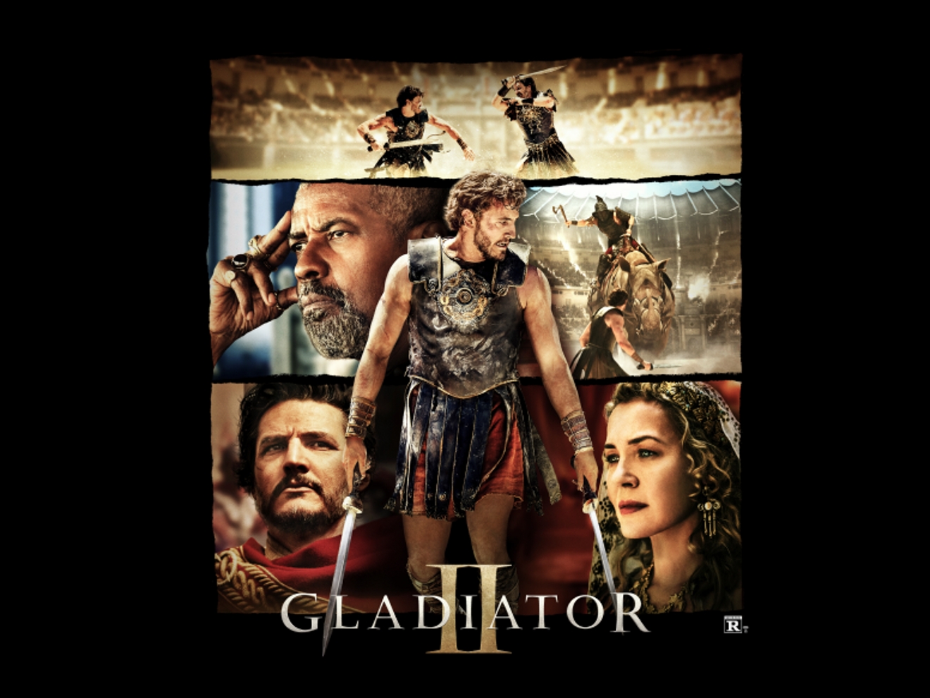 Gladiator II movie poster featuring the major characters in a variety of scenes from the epic.