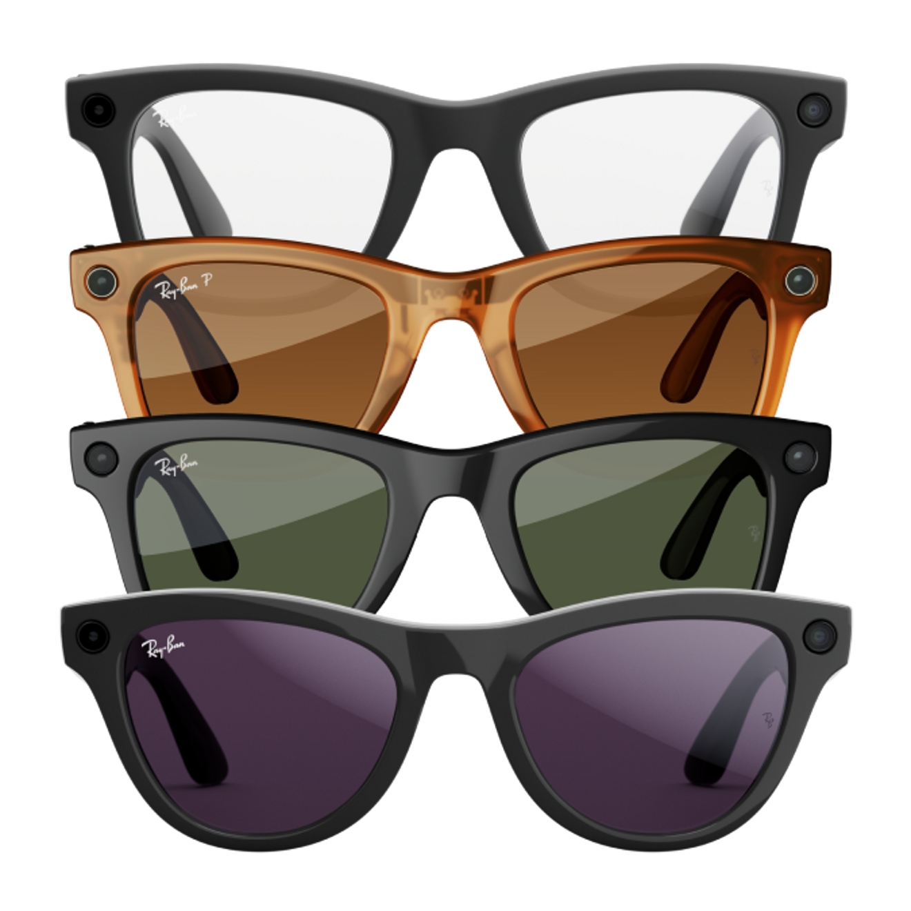 Four pairs of Ray-Ban Meta Smart Glasses in various frame and lens colors are stacked.