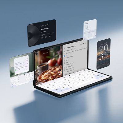 Motorola razr Fold shown open in laptop‑style mode, with app windows floating above the screen to highlight multitasking.