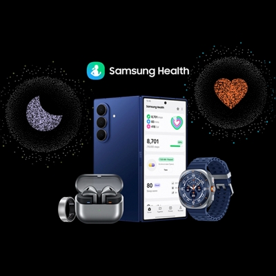 A lineup of Samsung devices surrounded by a moon and heart logo made of countless dots.