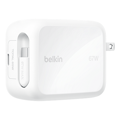Belkin 67W Wall Adapter with Retractable Cable - White, front view, front view-slide-0