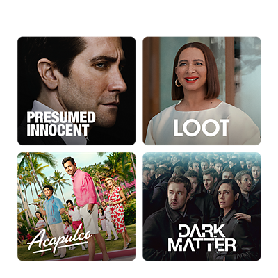 TV shows and movies on Apple TV Plus, featuring Dark Matter, Loot, Acapulco, and Presumed Innocent.