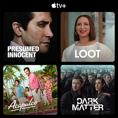 TV shows and movies on Apple TV Plus, featuring Presumed Innocent, Loot, Acapulco, and Dark Matter.