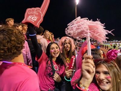 A group of students wearing magenta cheer from the stands. 