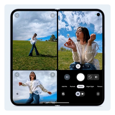 An unfolded Google Pixel 10 Pro Fold with Instant View showing pictures as they are taken of a person frolicking in a field.