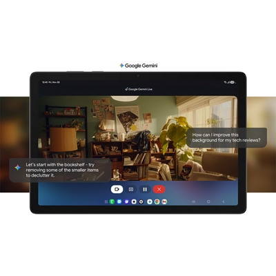 A Galaxy Tab A11+ 5G showing a cozy, lived‑in room scene, with on‑screen prompts demonstrating how Google Gemini can help clean up the background.