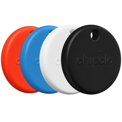 Chipolo POP devices in red, blue, white, and black