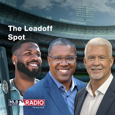 Three men smiling in front of a baseball stadium background with text that reads, ‘The Leadoff Spot.’ MLB Network Radio logo is in the bottom left corner. 
