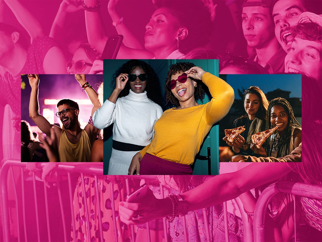 A collection of photos of young adults having fun, on a magenta background of people at a concert. In the photos, there’s a guy dancing, two friends showing off sunglasses, and two friends enjoying slices of pizza.