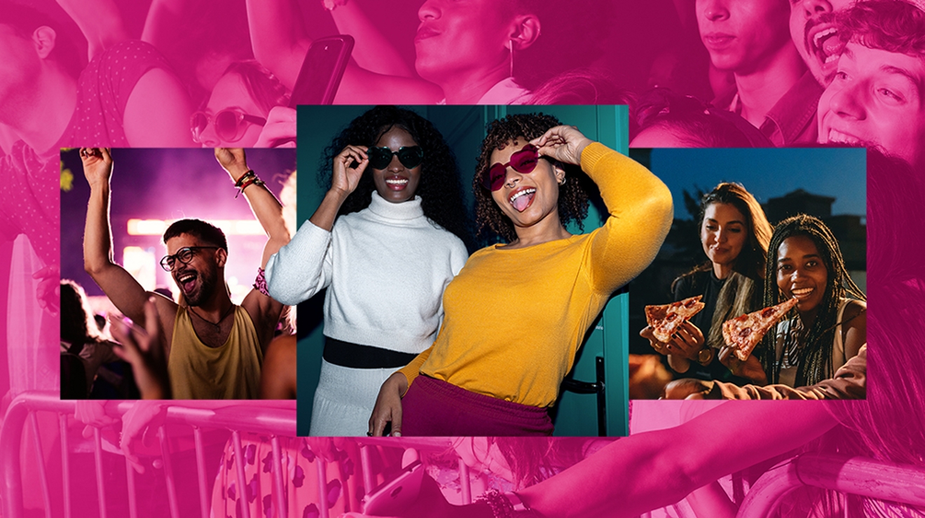 Young friends dance, take selfies with sunglasses, and eat pizza after dark.