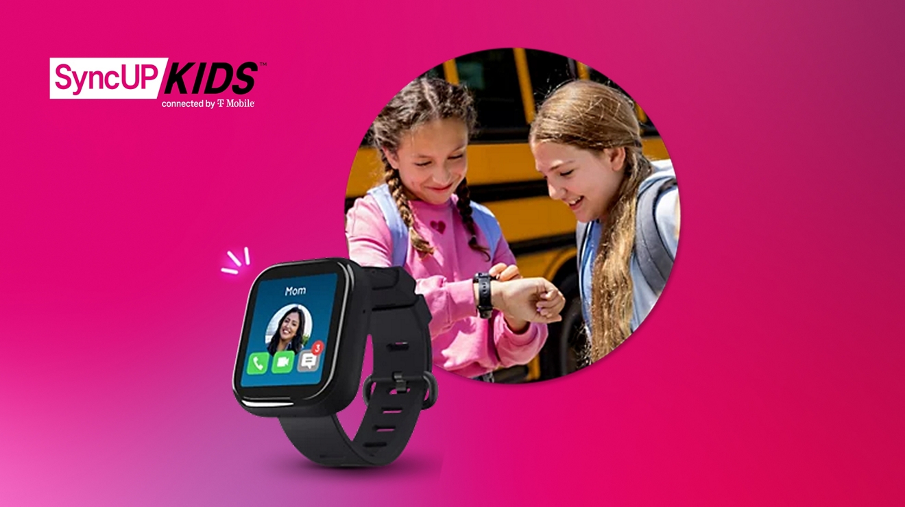 Children examining a watch which displays a call from mom.