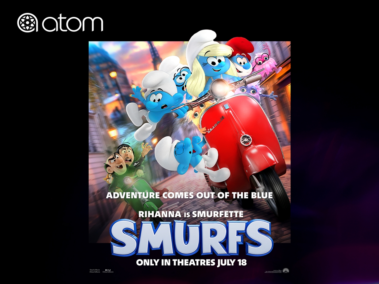 Smurfs movie poster featuring several Smurfs being chased by two wizards