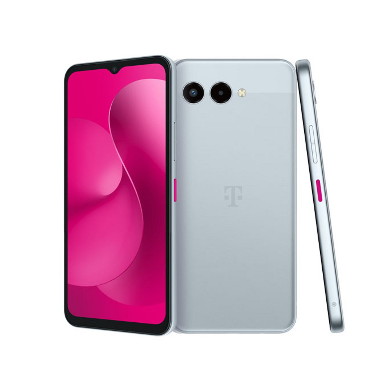 Back, front, and side angle of a T-Mobile Revvl 8 showing a red gradient screen design.