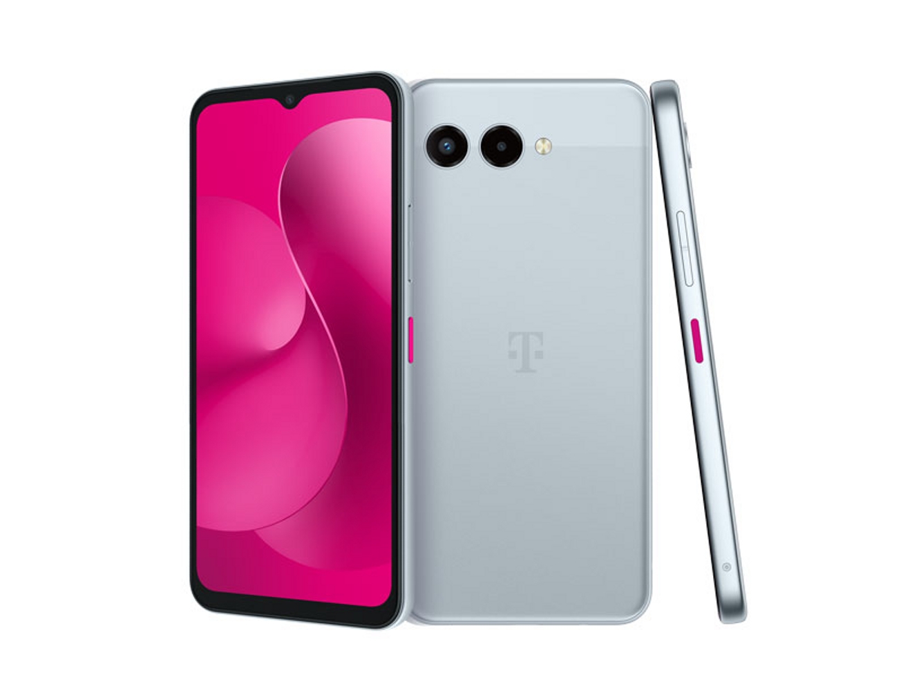 Three gray Revvl 8 phones showing screen, cameras, and side view