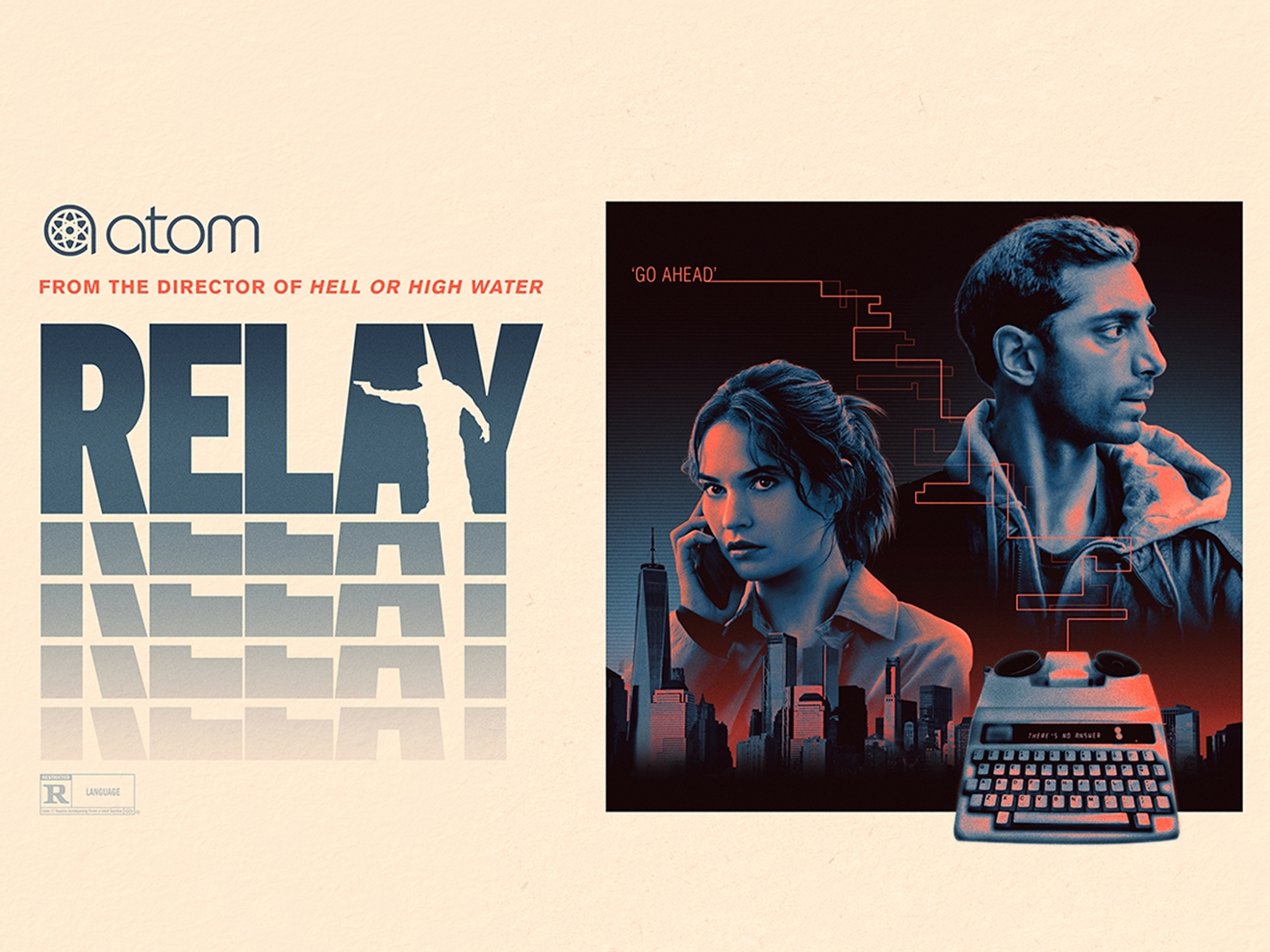 Relay movie poster featuring actors Lily James and Riz Ahmed against a city skyline.