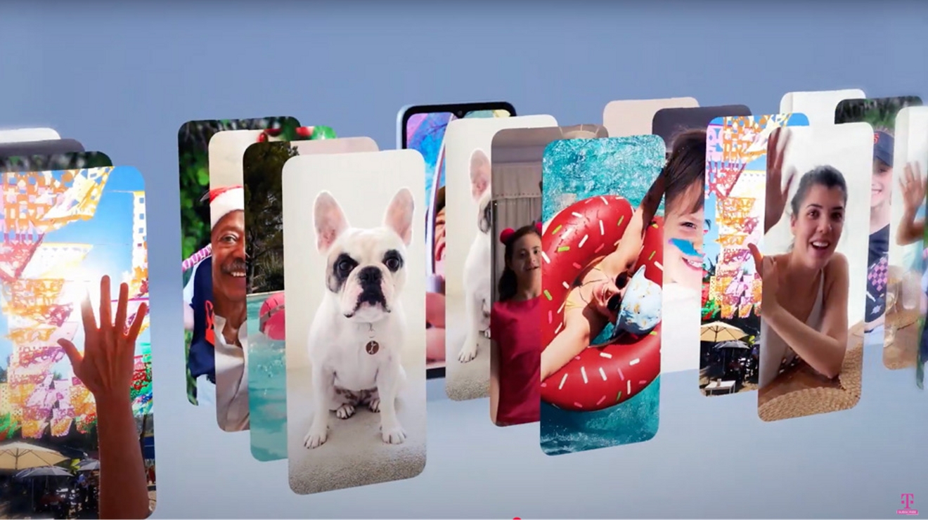 Several rows of phone screens show various vibrant photos.