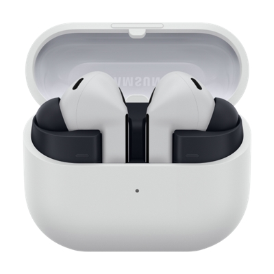 White Samsung Galaxy Buds3 FE earbuds in a white case.