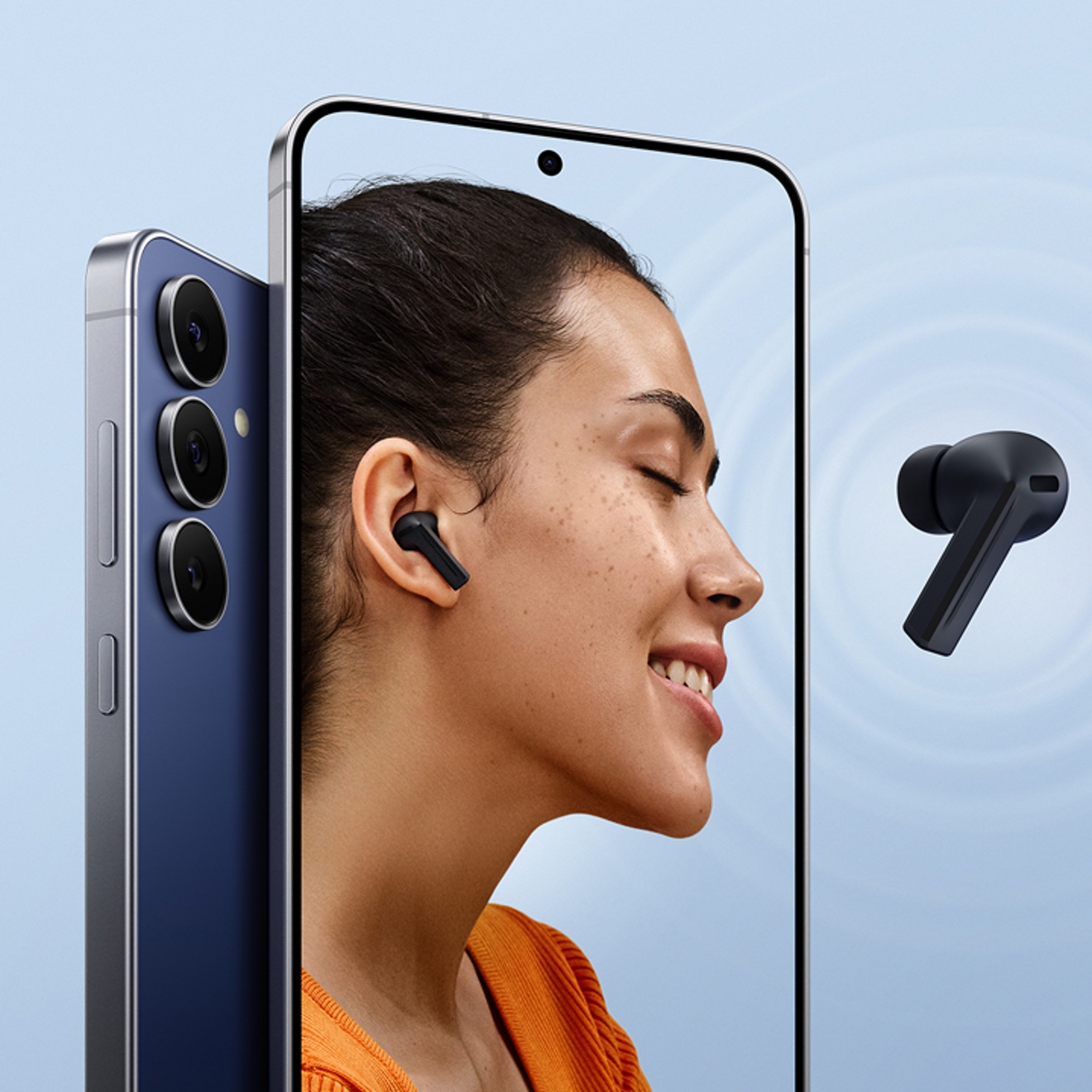 Person with earbud in on Galaxy S25 FE screen with floating earbud outside of screen.