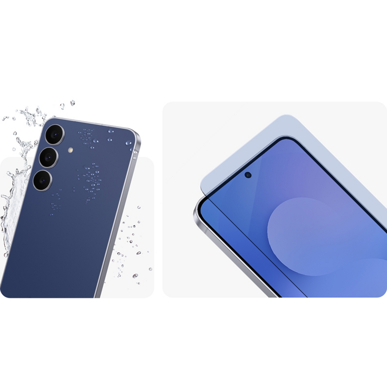 Screen protector over Samsung Galaxy S25 FE with water droplets shown.