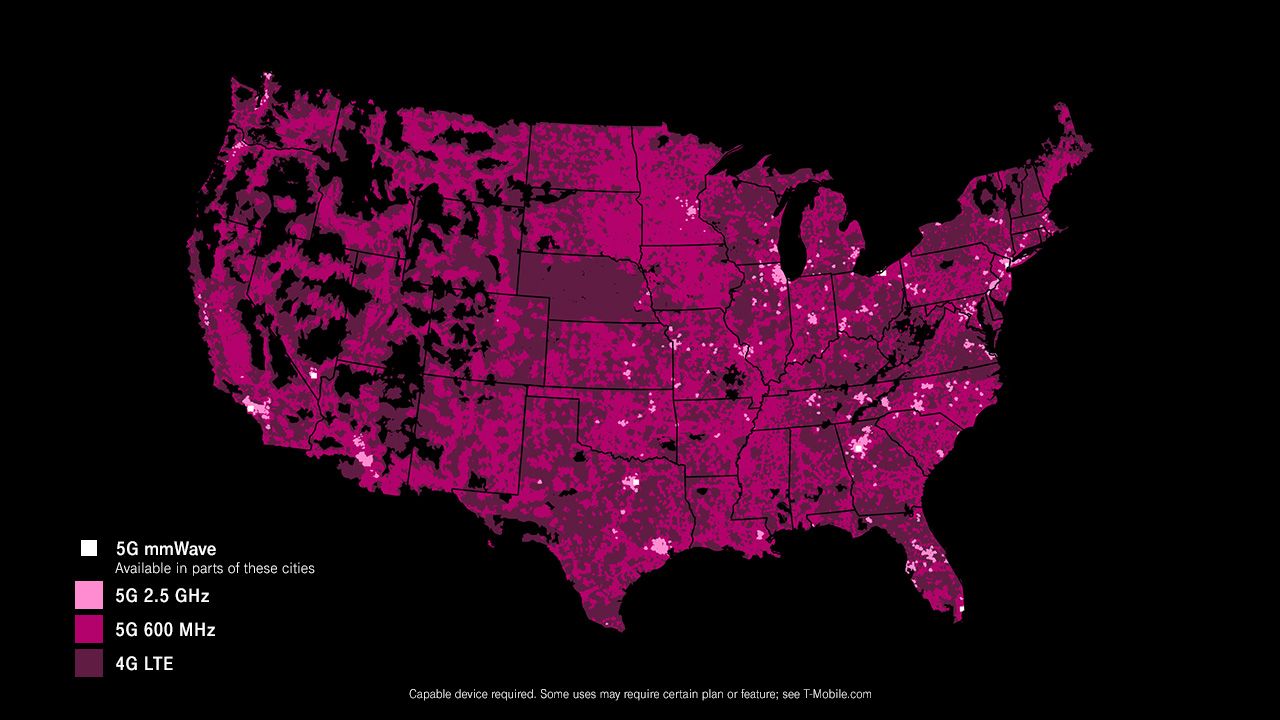 Map showing T-Mobile’s 4G LTE, 5G 600MHz, 5G 2.5GHz, and 5G mmWave coverage. MmWave is available in parts of select cities. Capable device required. Some uses may require a certain plan or feature. 