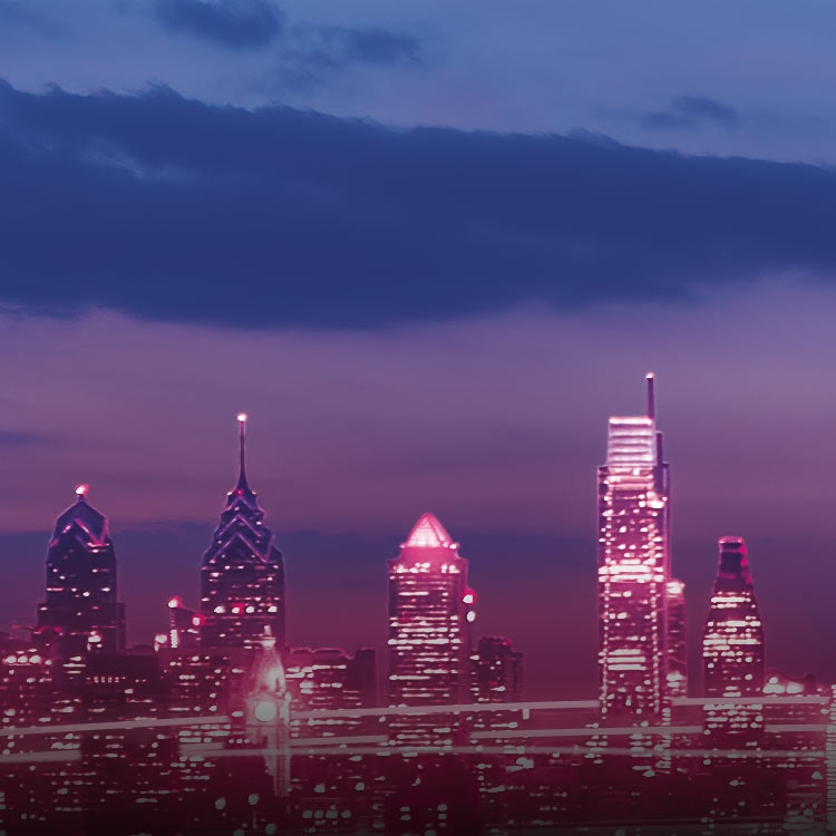 Minneapolis skyline at night outlined by magenta beams