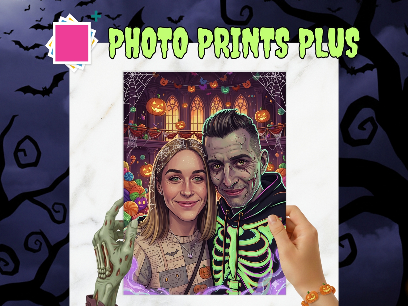 A printed photo showing a couple zombified through a spooky filter.