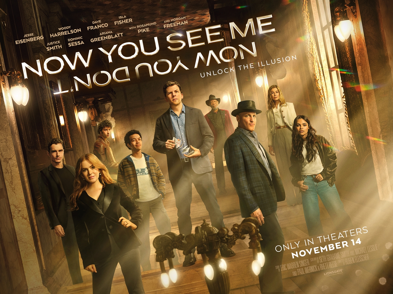 Movie poster for Now You See Me: Now You Don’t featuring the cast standing in a dimly lit hallway.